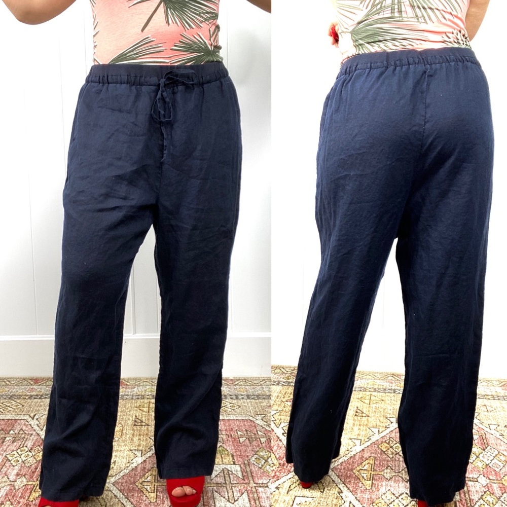 Ellen Tracy Linen Pants XXL Drawstring Navy Blue